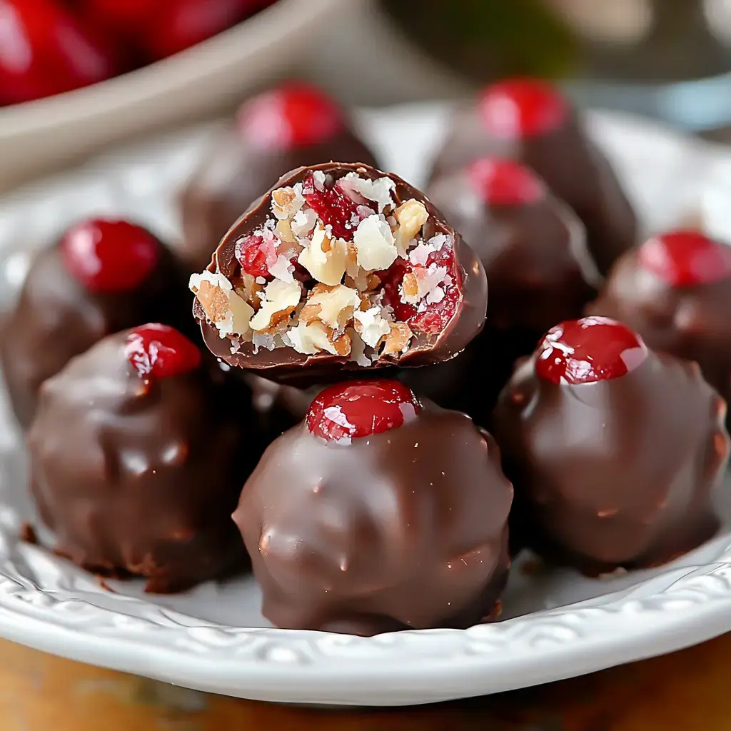 A plate of chocolate-covered treats with a cherry on top, one cut in half to reveal a filling of nuts and cherries.