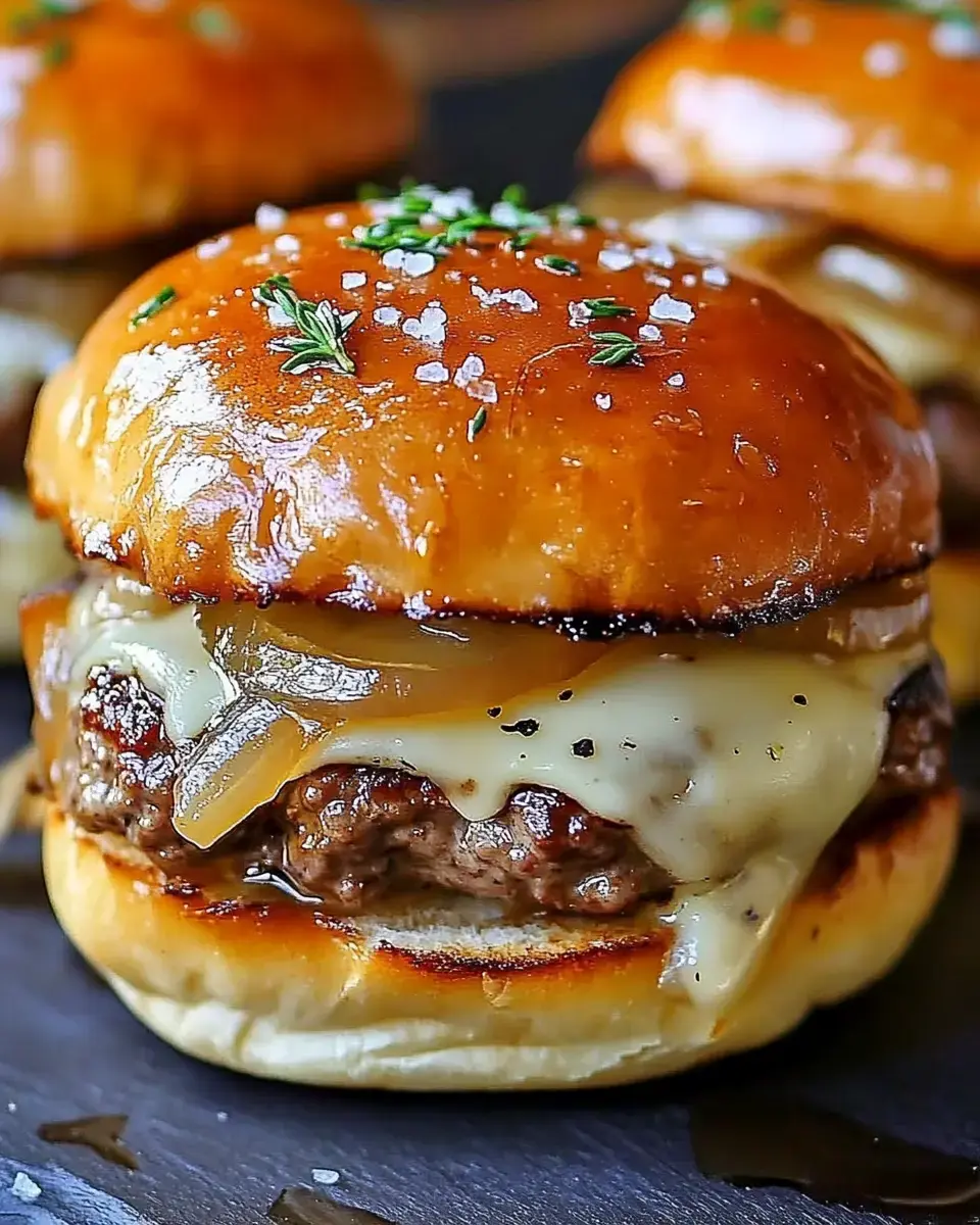 A close-up of a juicy cheeseburger with caramelized onions on a glossy brioche bun, garnished with herbs and sea salt.