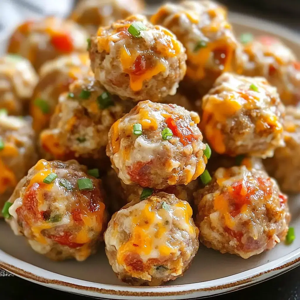 A close-up of a plate piled high with savory meatballs topped with melted cheese and chopped green onions.