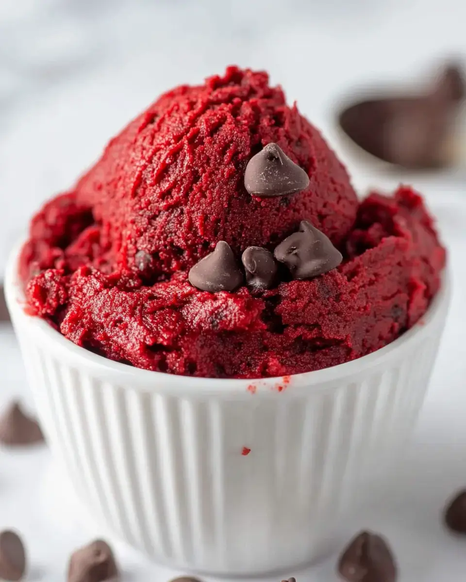 A close-up of a dish filled with red velvet ice cream, topped with chocolate chips, surrounded by scattered chocolate chips on a surface.