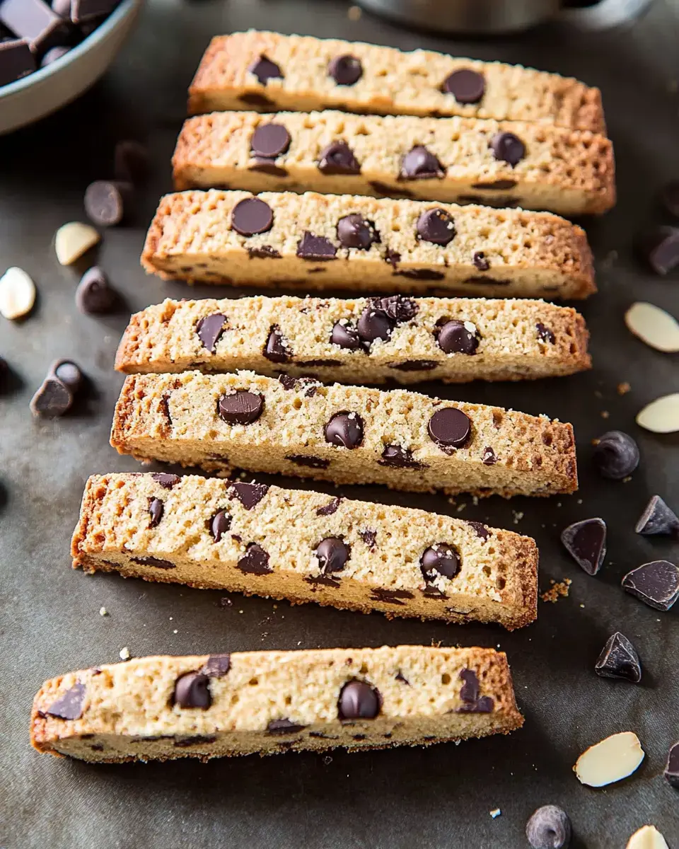 A row of sliced chocolate chip biscotti placed on a surface, surrounded by scattered chocolate chips and slivers of almonds.