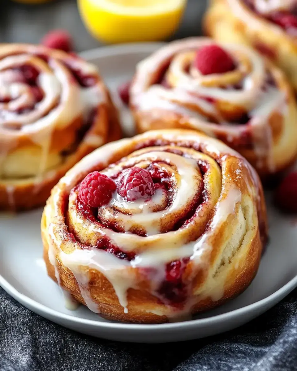 A close-up of raspberry cinnamon rolls drizzled with icing, served on a plate with fresh raspberries and a lemon in the background.