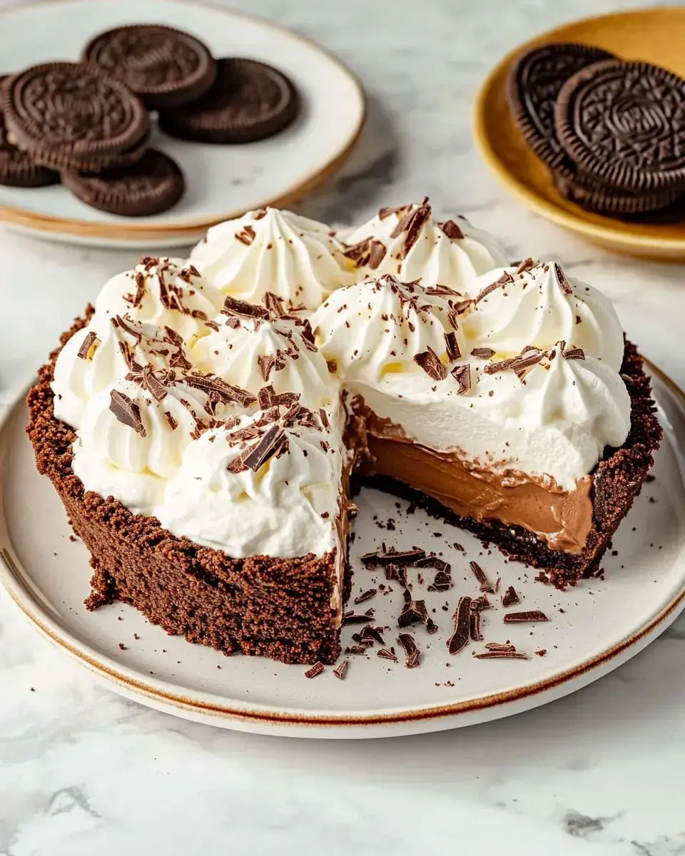 A chocolate cream pie with whipped cream topping and chocolate shavings, featuring a slice removed, sits on a plate next to a dish of Oreos.