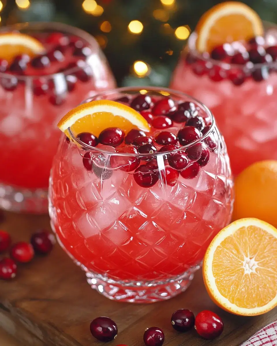 Three crystal glasses filled with a pink, fruity drink garnished with cranberries and orange slices, are arranged on a wooden surface with festive lights in the background.