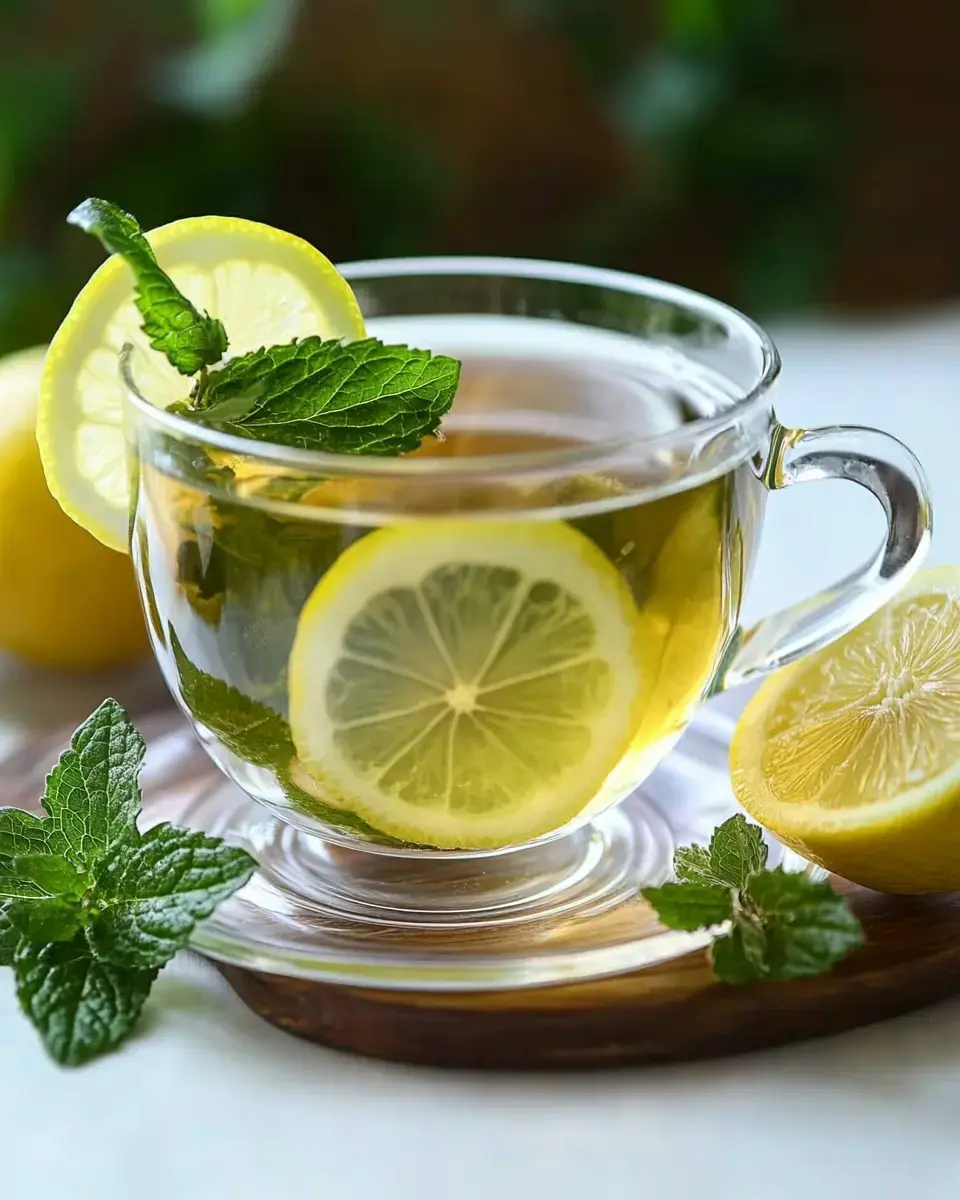 A clear glass cup of herbal tea is garnished with fresh mint leaves and lemon slices, accompanied by a lemon half on a wooden surface.