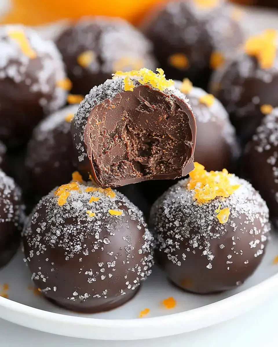 A close-up of chocolate truffles coated in sugar and topped with orange zest, with one truffle showing a bite taken out of it.