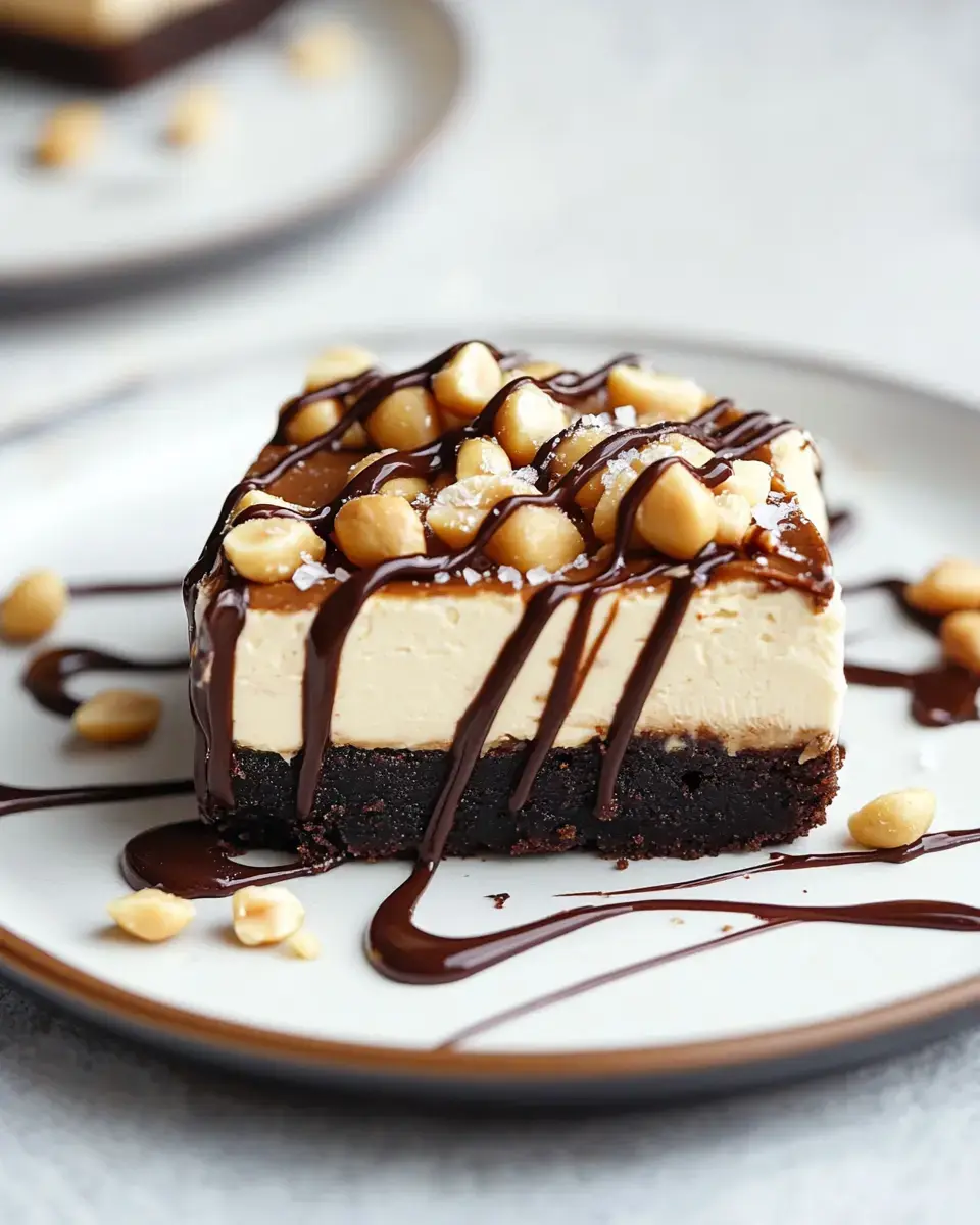 A decadent dessert featuring a layered brownie base, creamy peanut butter filling, drizzled chocolate, and topped with crushed peanuts on a plate.