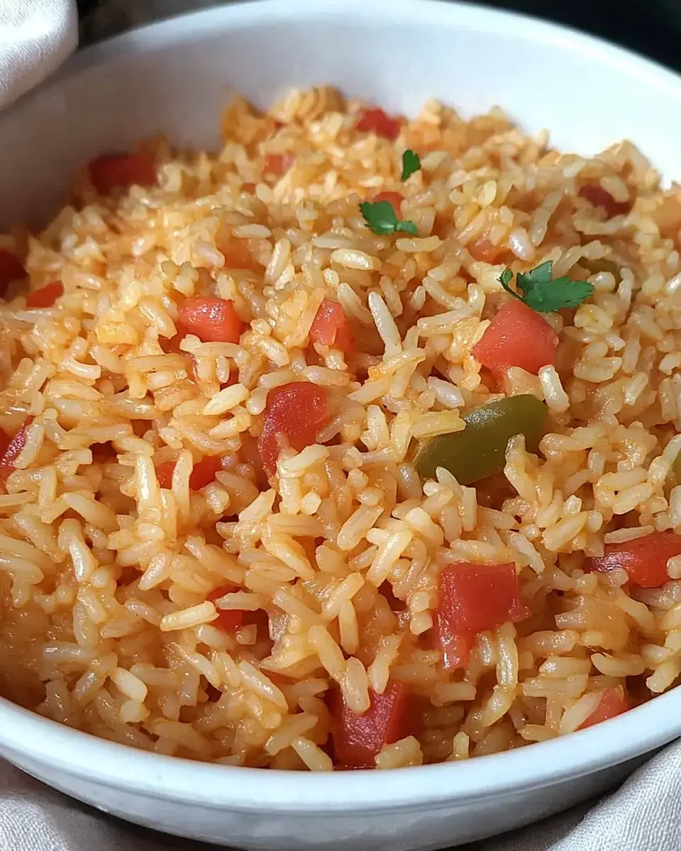 A close-up view of a bowl of flavorful rice mixed with diced tomatoes and garnished with fresh cilantro.