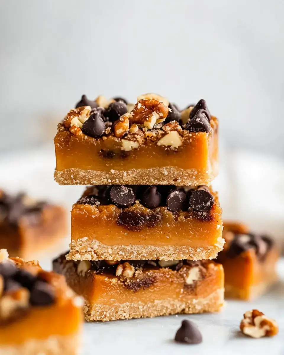 A stack of caramel chocolate bars topped with chocolate chips and nuts, with a small pumpkin in the background.