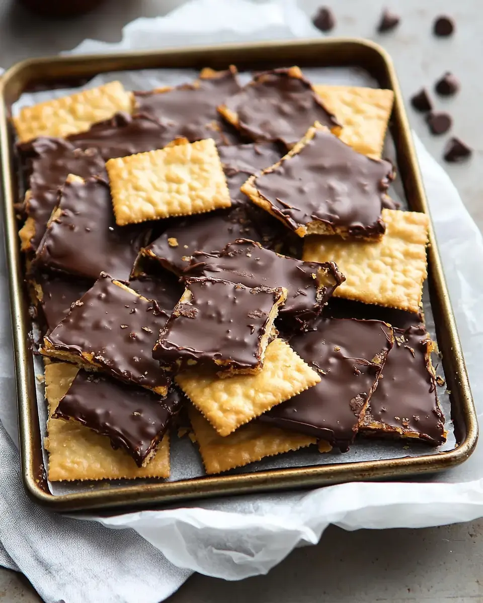 A tray of square crackers topped with a layer of melted chocolate.