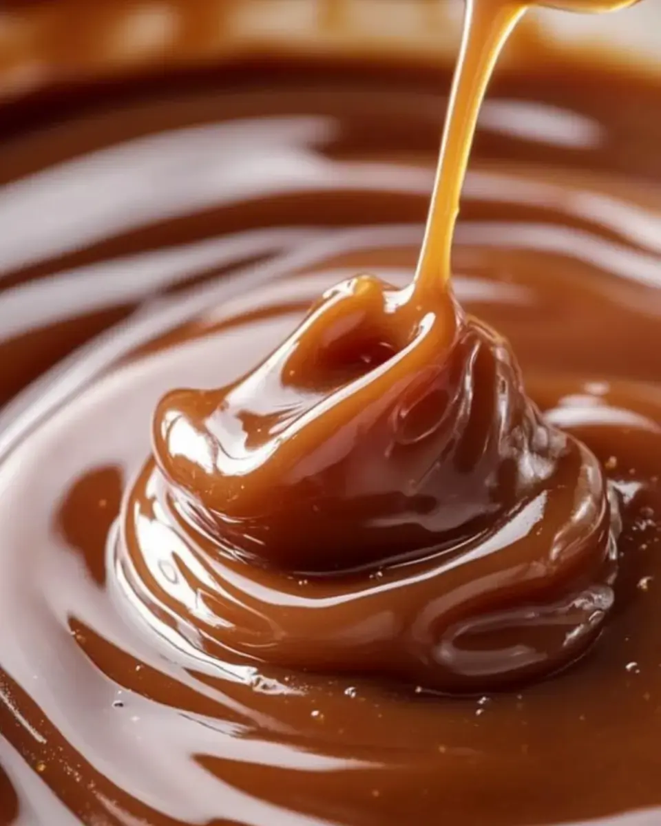 A close-up view of smooth caramel sauce with a glossy texture swirling in a bowl.