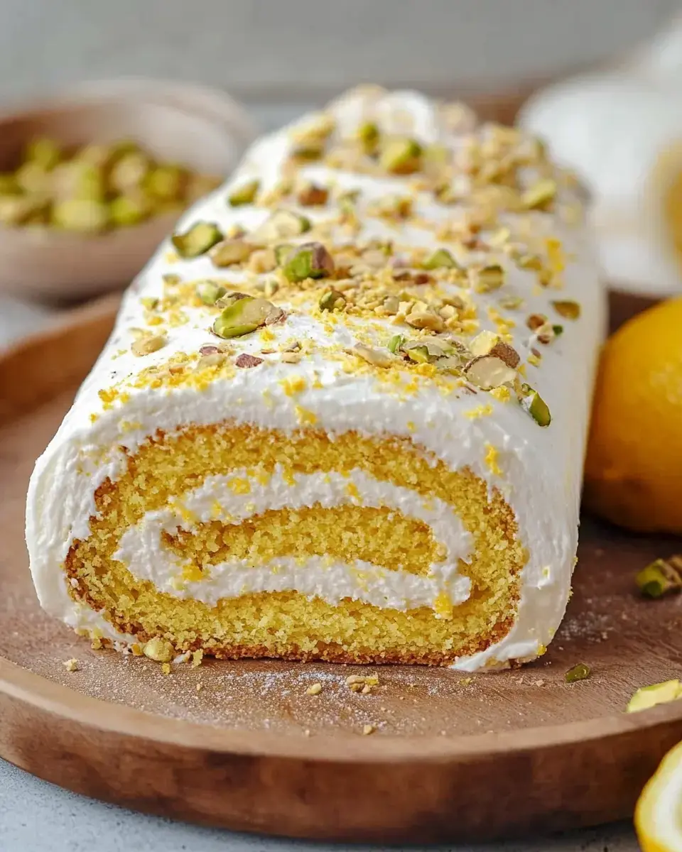 A lemon-flavored cake roll is decorated with whipped cream and crushed pistachios, displayed on a wooden plate.