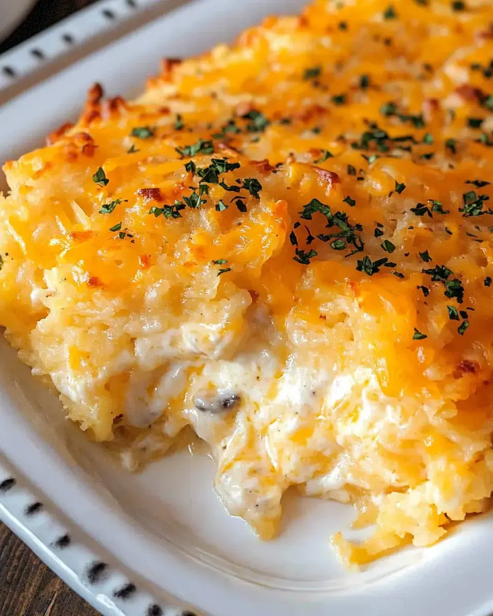 A close-up of a cheesy potato casserole topped with golden melted cheese and garnished with chopped parsley.