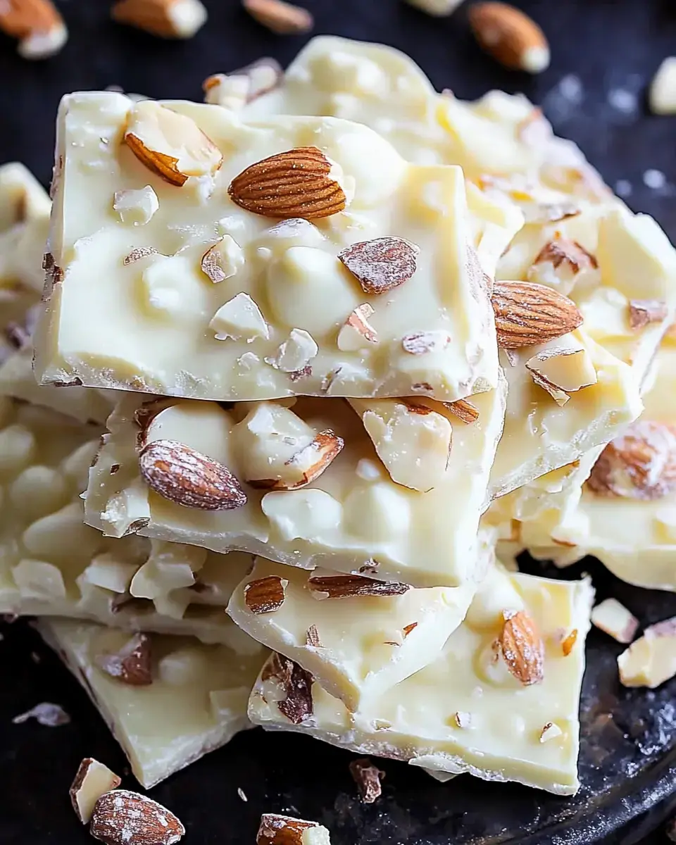 A close-up of stacked white chocolate bars topped with chopped almonds and scattered almond pieces on a dark surface.