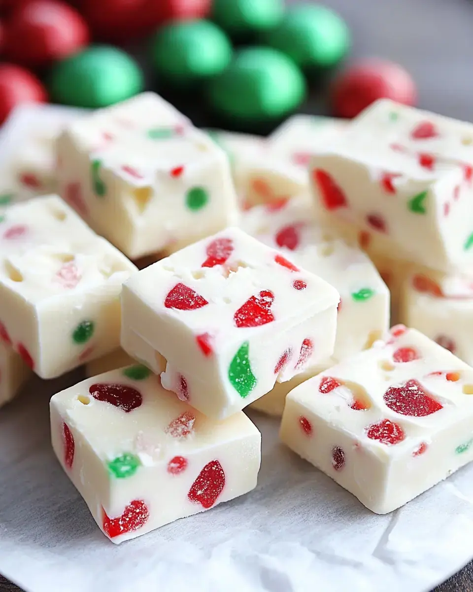 A close-up view of colorful holiday fudge squares with red and green pieces, surrounded by festive red and green candies.