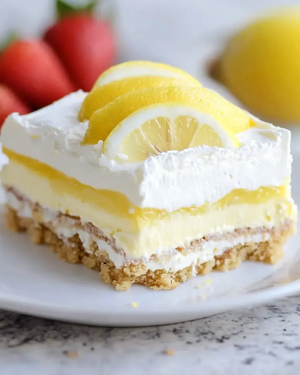 A slice of layered lemon dessert topped with lemon slices, served on a white plate with strawberries in the background.