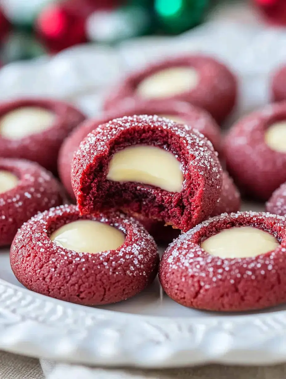 A plate of red velvet cookies dusted with powdered sugar, featuring a creamy white chocolate filling in the center, with one cookie split in half to show the filling.