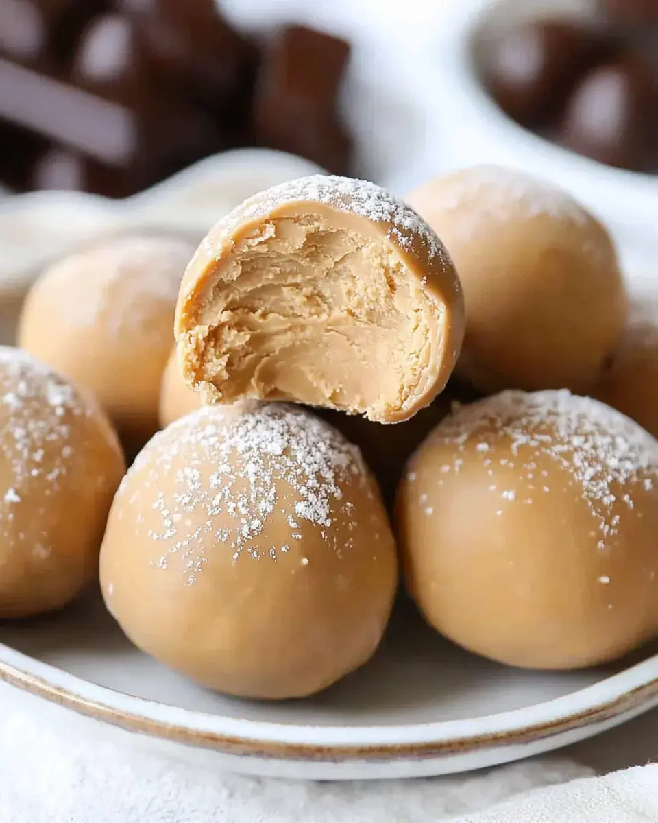 A plate of round, beige cookie dough balls dusted with powdered sugar, with one ball partially bitten to reveal a creamy filling inside.