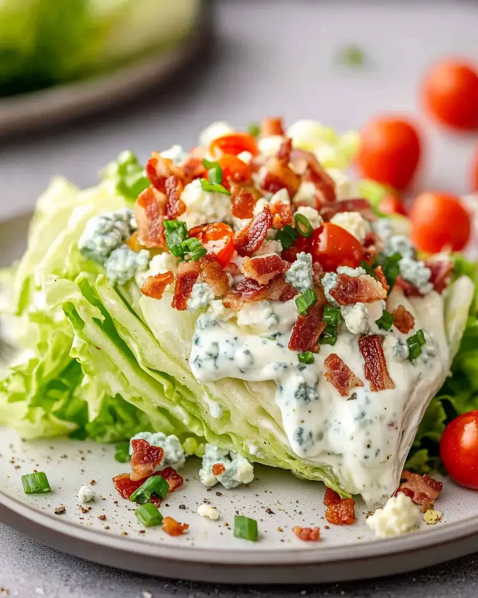 A wedge salad topped with bacon, cherry tomatoes, blue cheese, and green onions.