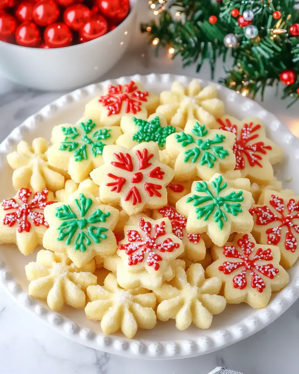 A plate of festive snowflake-shaped cookies decorated with red and green icing, surrounded by holiday decorations.