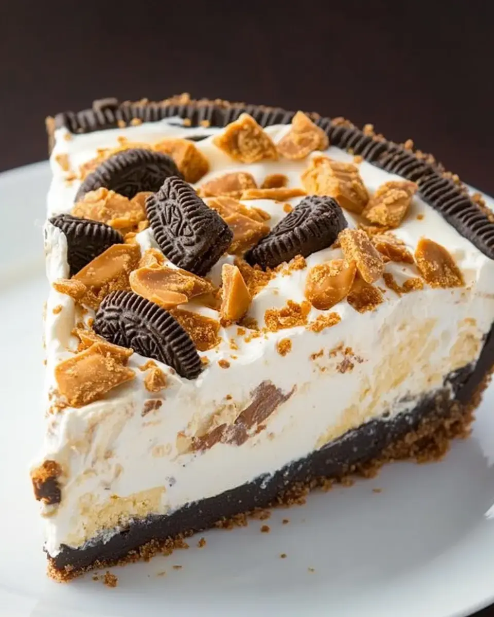 A slice of chocolate crust ice cream cake topped with crushed peanuts and Oreo cookie pieces.