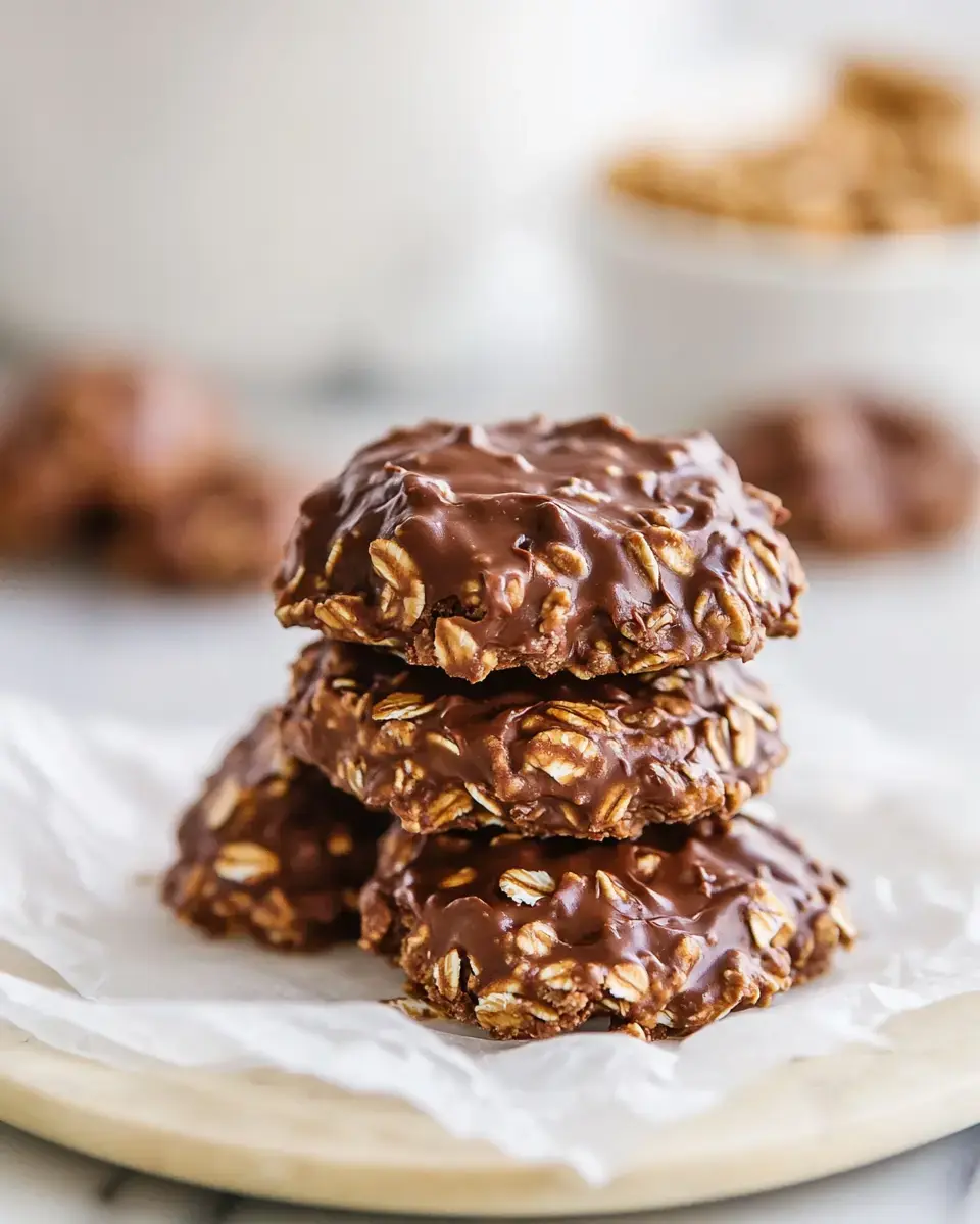 A stack of three chocolate-covered oatmeal cookies placed on a white parchment paper on a wooden plate.