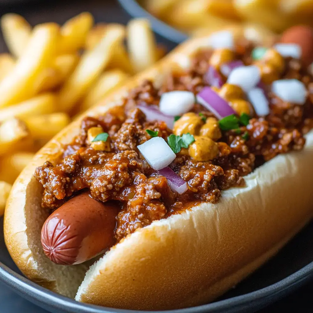 A close-up of a chili cheese hot dog topped with diced onions, mustard, and parsley, served alongside a portion of French fries.