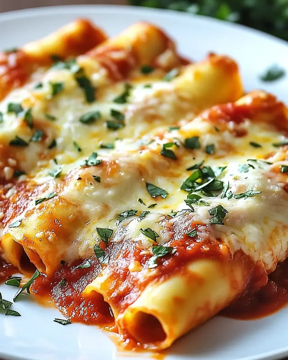 A close-up of three cheesy stuffed pasta rolls topped with marinara sauce and sprinkled with chopped parsley.