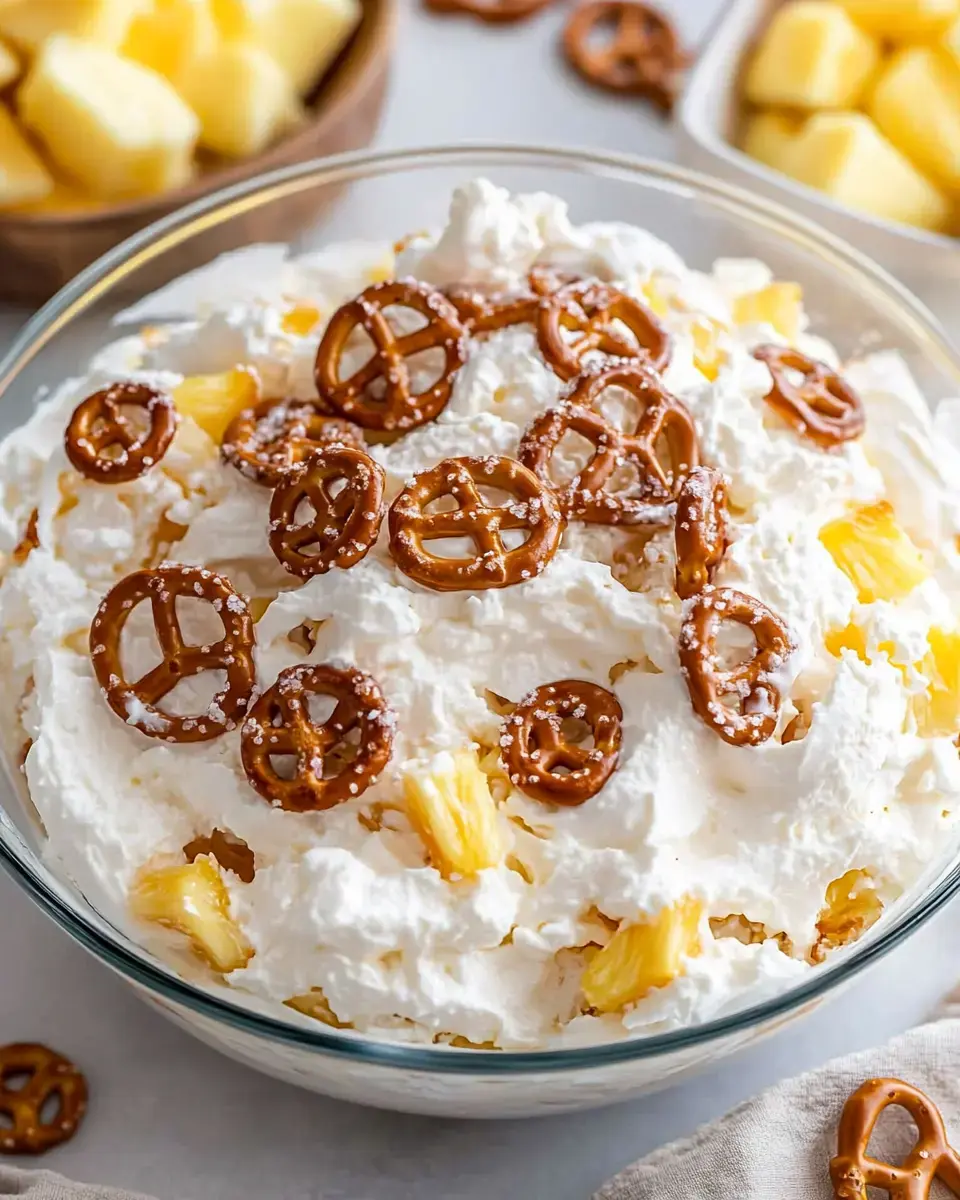 A glass bowl filled with a creamy dessert topped with pretzels and pieces of pineapple.