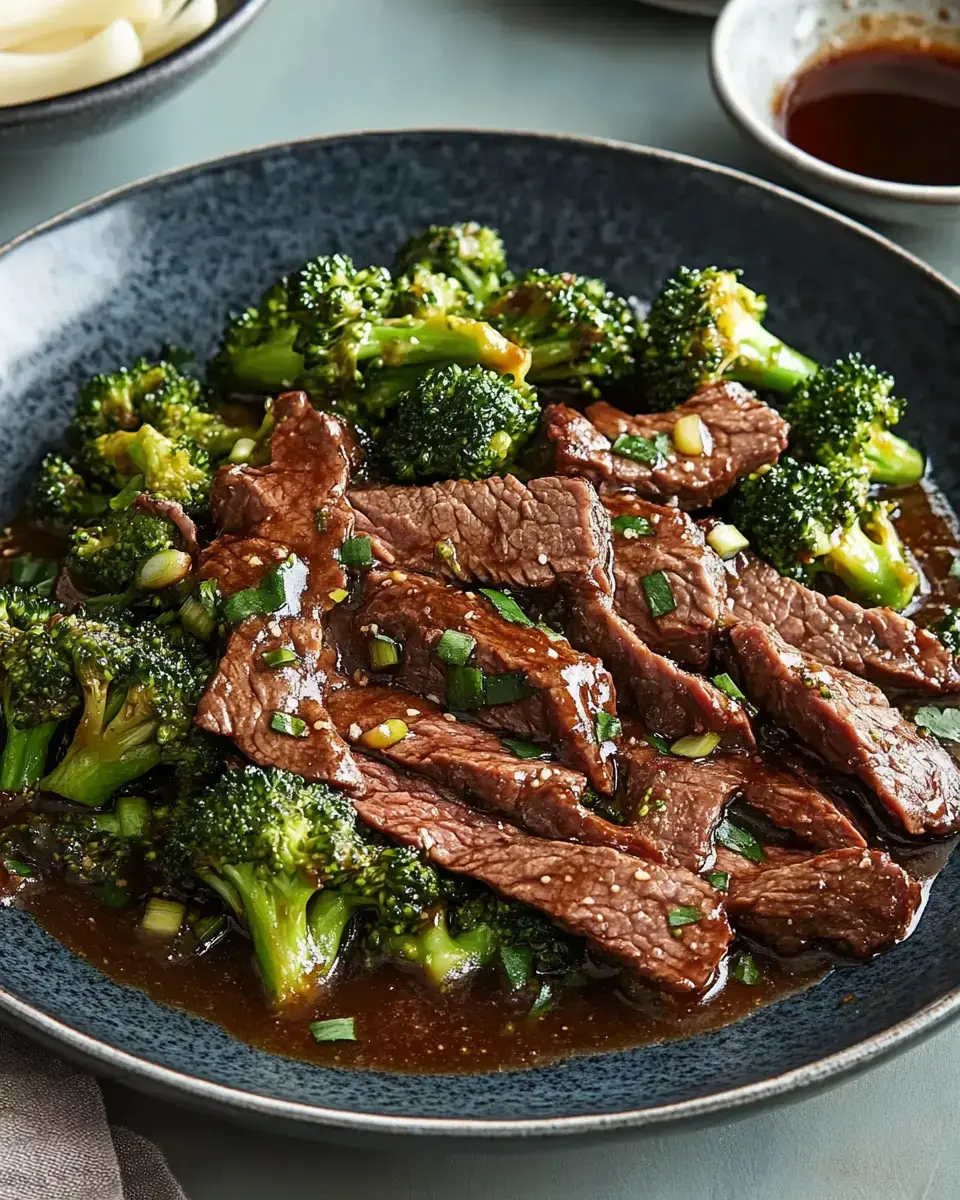 A plate of sliced beef stir-fried with broccoli in a savory sauce, garnished with green onions.