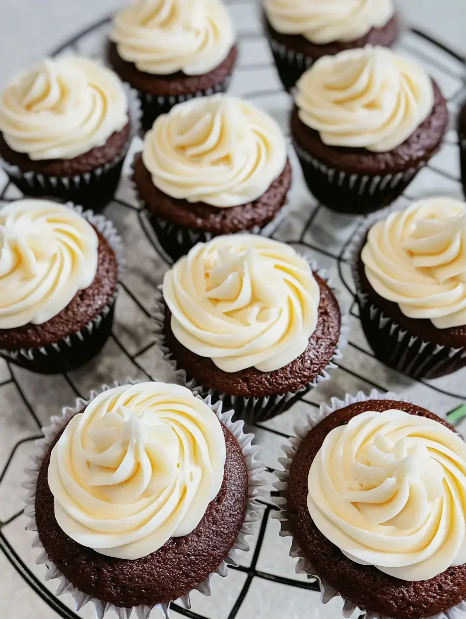 A close-up view of chocolate cupcakes topped with swirls of cream frosting and pink decorative dots, arranged on a wire cooling rack.