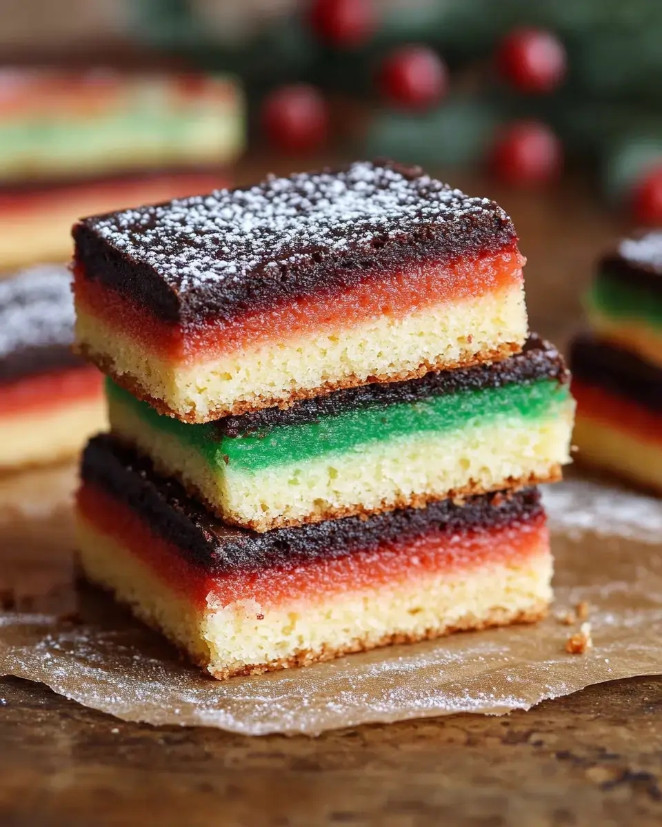 A stack of colorful layer cake slices featuring red, green, yellow, and brown layers, dusted with powdered sugar.