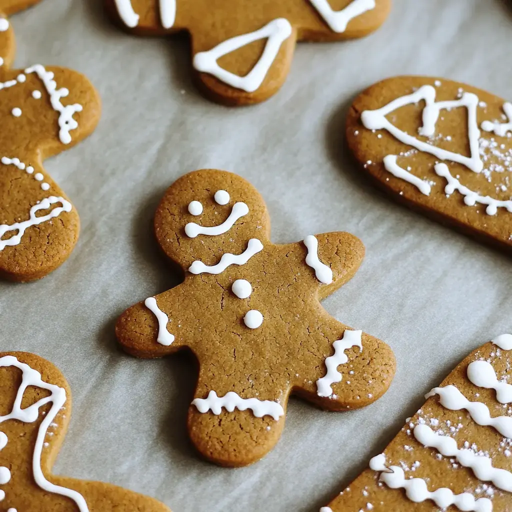 A close-up of decorated gingerbread cookies, featuring a smiling gingerbread man surrounded by various shapes, all outlined with white icing.