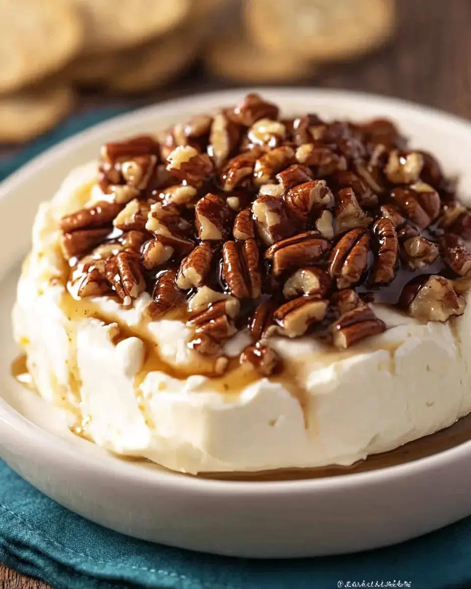 A round cream cheese dish topped with pecans and drizzled with syrup, served on a light blue plate.