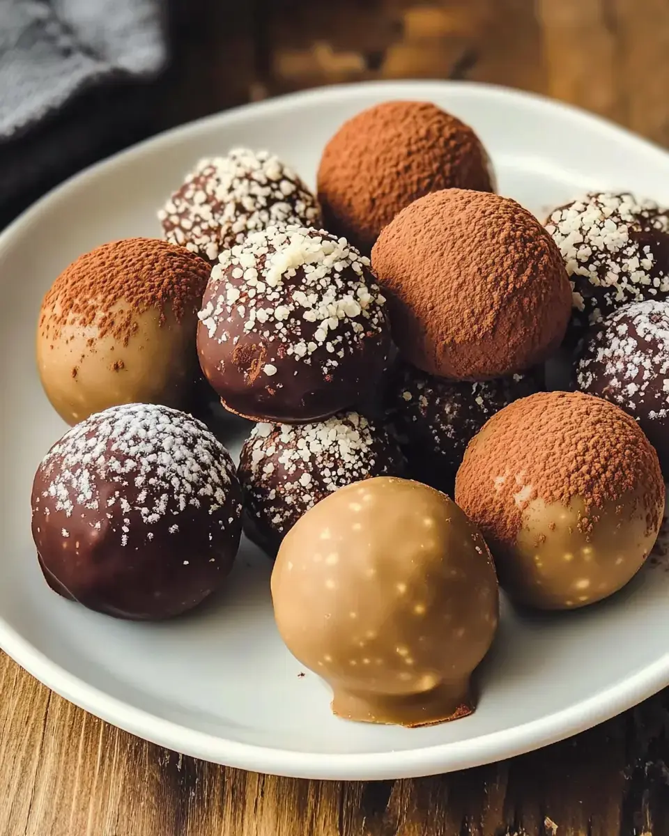 A white plate holds an assortment of chocolate truffles, some coated in cocoa powder and others with sugar or a smooth chocolate shell.