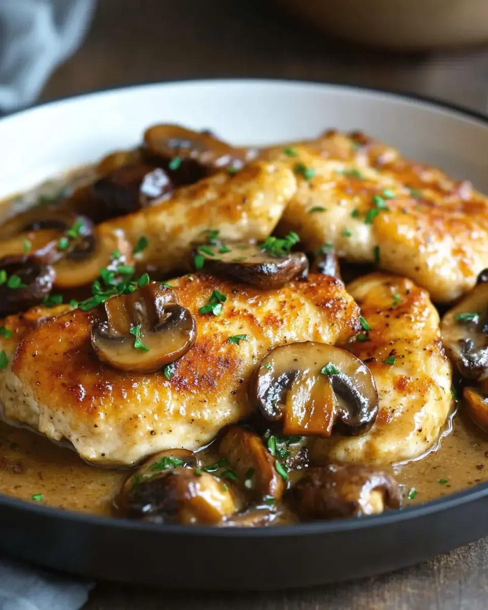 A plate of golden-browned chicken fillets topped with sautéed mushrooms and garnished with chopped parsley in a savory sauce.