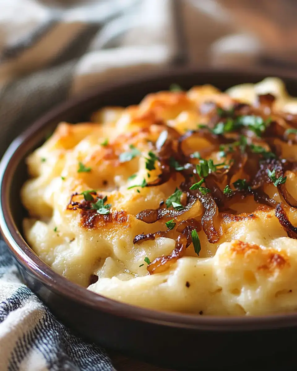 A close-up of a creamy macaroni and cheese dish topped with golden-brown caramelized onions and garnished with parsley, served in a dark bowl.