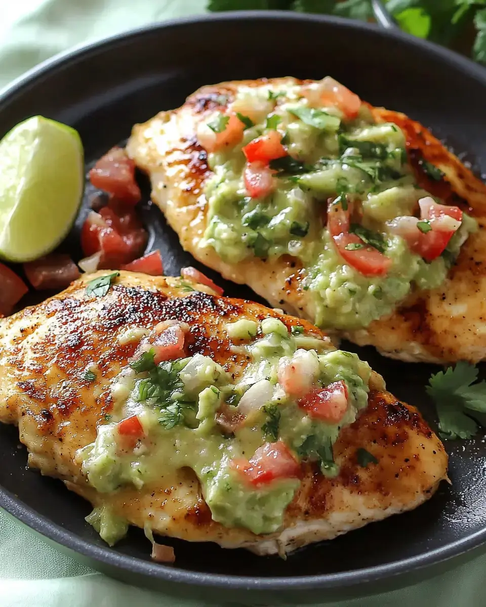 Two grilled chicken fillets topped with guacamole and diced tomatoes, served with lime wedges and diced tomatoes on a black plate.