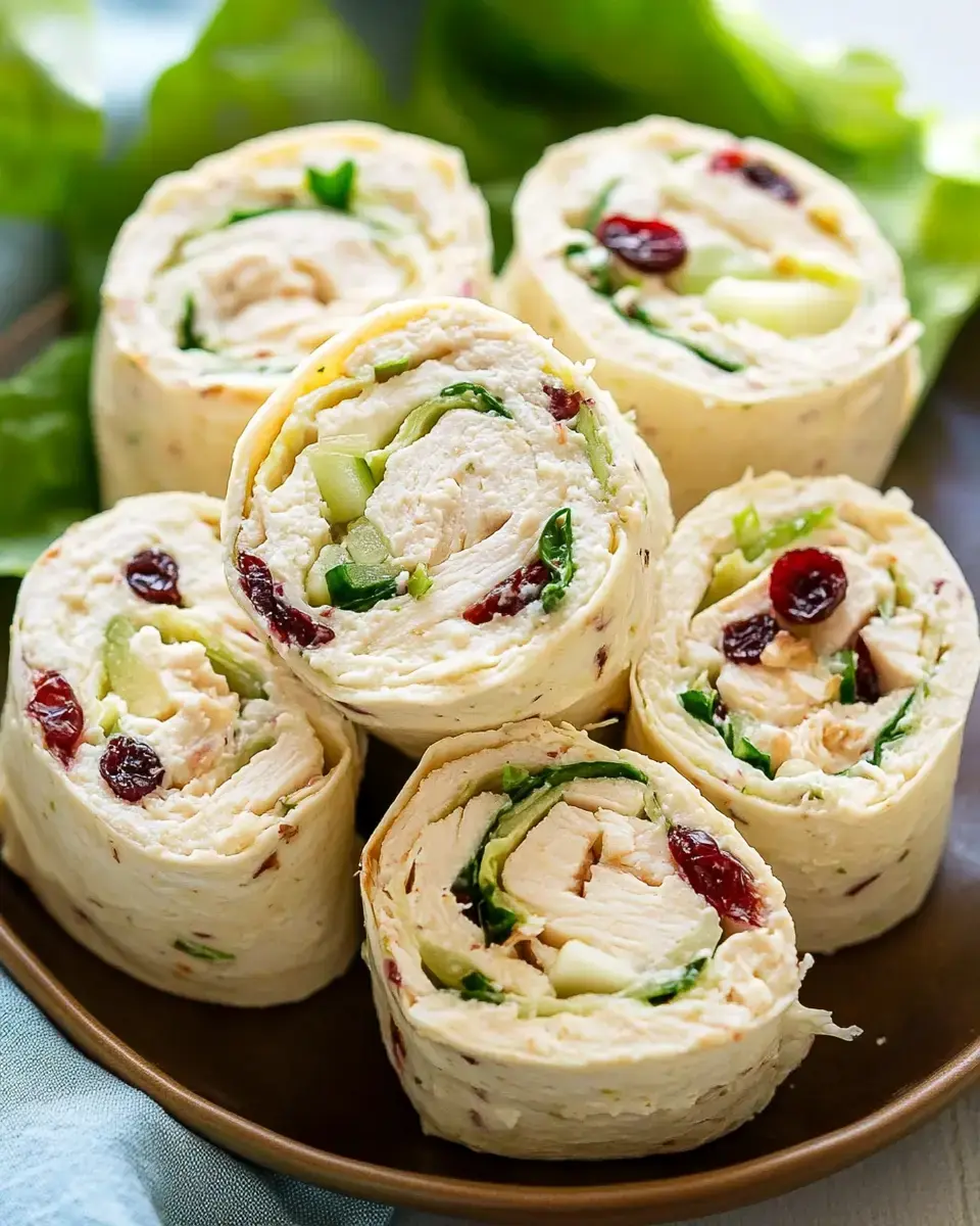 A plate of rolled tortillas filled with chicken, greens, and cranberries, arranged in a visually appealing manner.