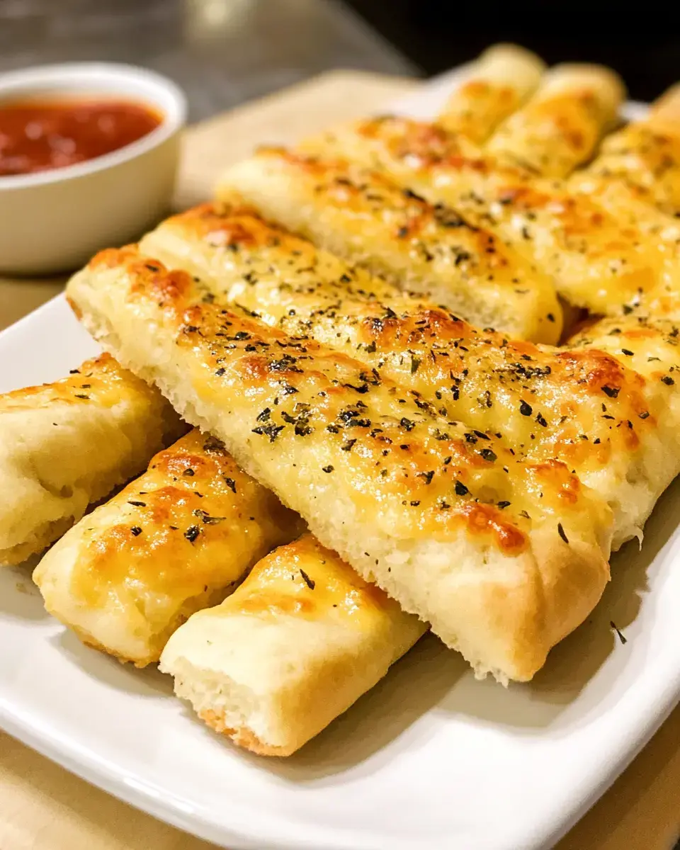 A platter of golden, cheesy breadsticks topped with herbs, accompanied by a small bowl of marinara sauce.