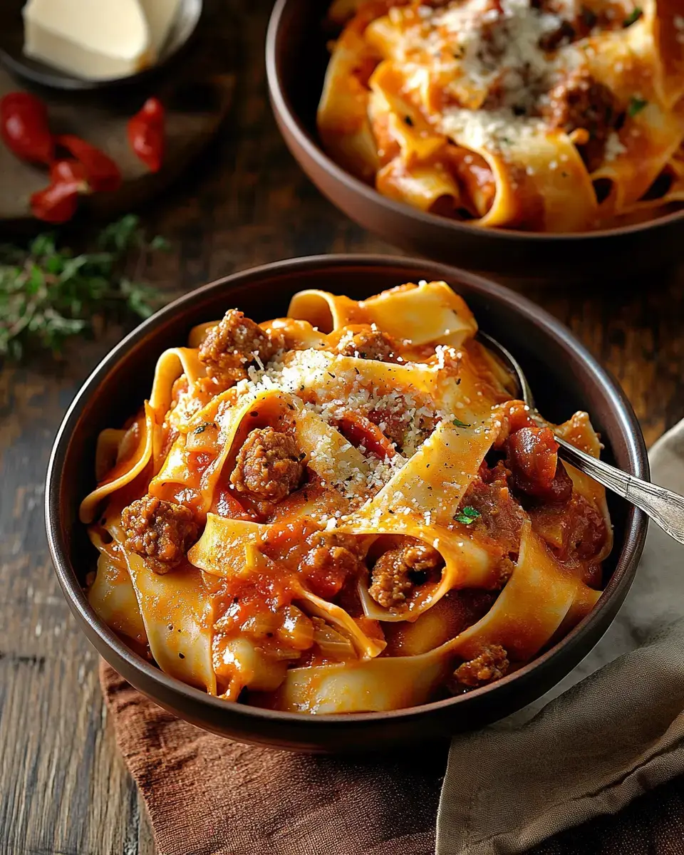 A close-up of a bowl of pappardelle pasta topped with meat sauce and grated cheese, surrounded by a rustic wooden table setting.