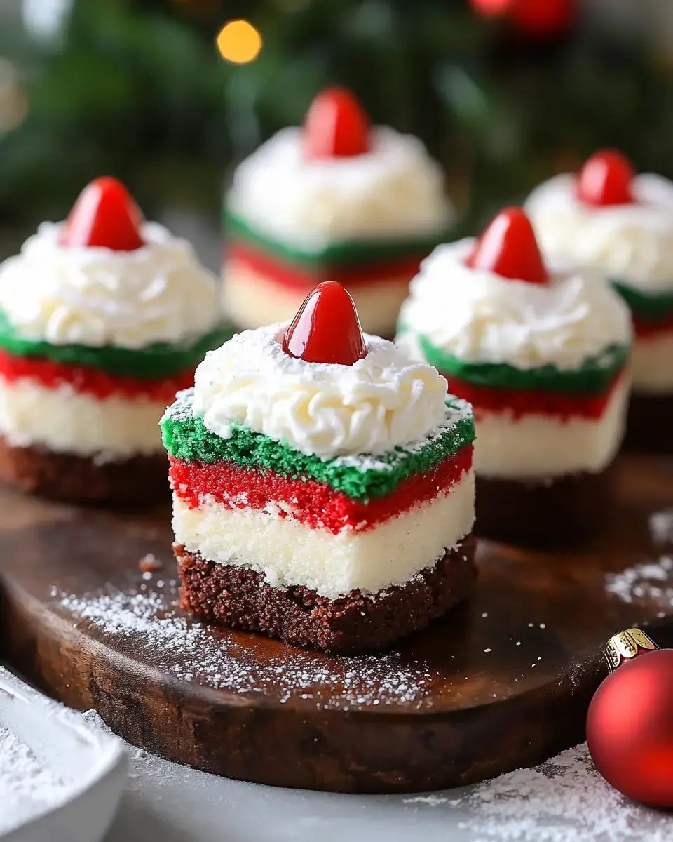 Festively decorated layered cakes in red, green, and white, topped with whipped cream and a cherry, displayed on a wooden platter.