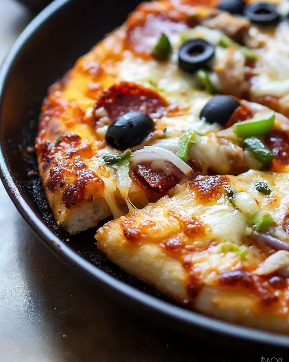 A close-up of a hot, cheesy pizza topped with pepperoni, olives, green peppers, and onions in a skillet.