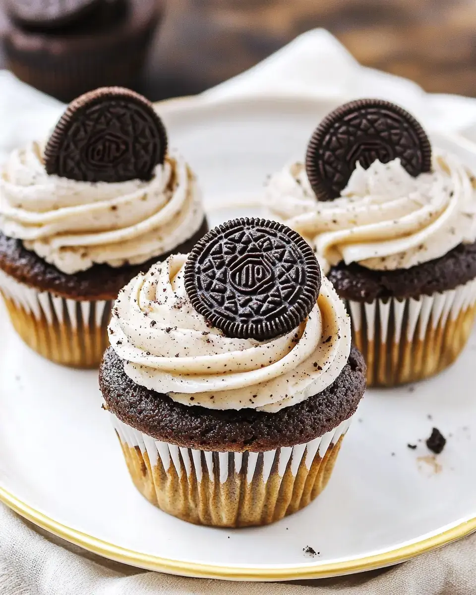 Three chocolate cupcakes topped with cream frosting and decorated with Oreo cookies, placed on a white plate.