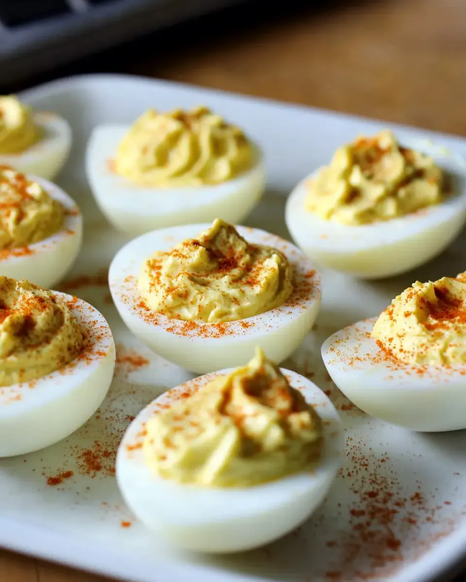 A plate of deviled eggs topped with yellow filling and sprinkled with paprika.