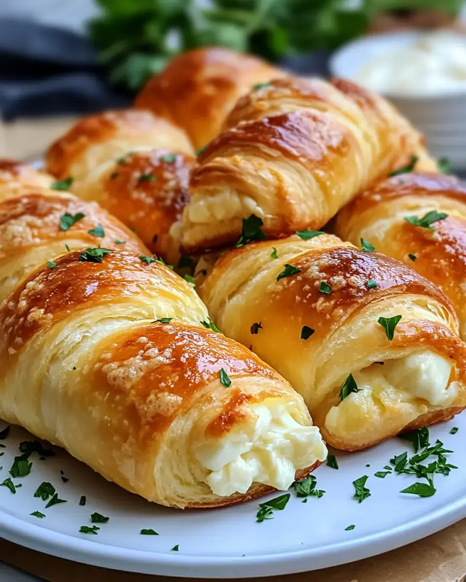 A plate of golden-brown, flaky pastry rolls filled with creamy cheese and garnished with parsley.