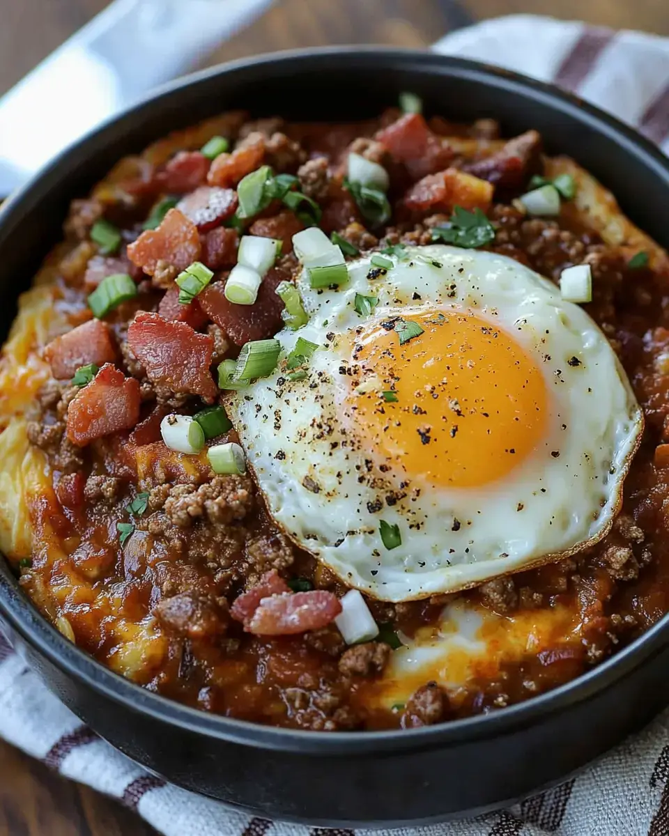 A close-up of a savory dish featuring a fried egg on top of ground meat, bacon, and green onions served in a black bowl.