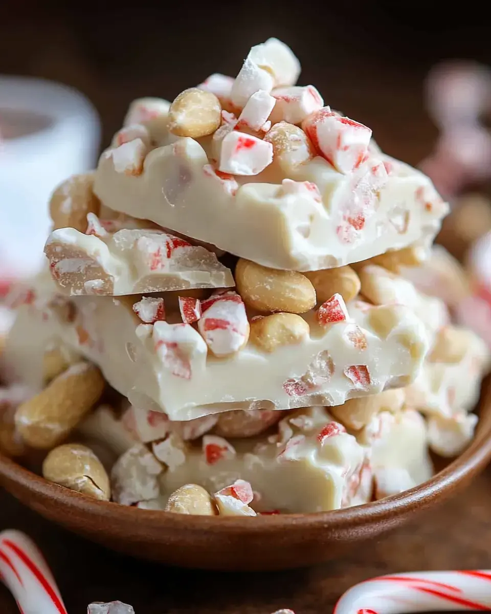 A close-up of a stacked pile of white chocolate bark topped with crushed peppermint and peanuts, displayed in a wooden bowl with candy canes in the background.