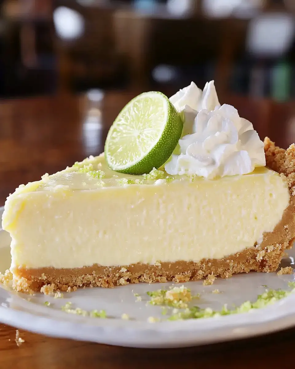 A slice of creamy lime pie topped with whipped cream and a lime wedge sits on a plate, surrounded by lime zest crumbs.