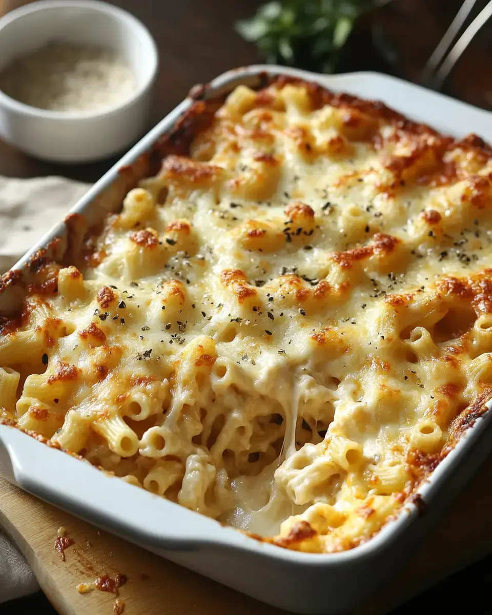 A baked dish of macaroni and cheese with a golden, crispy top and melted cheese pulling apart, served on a wooden board.